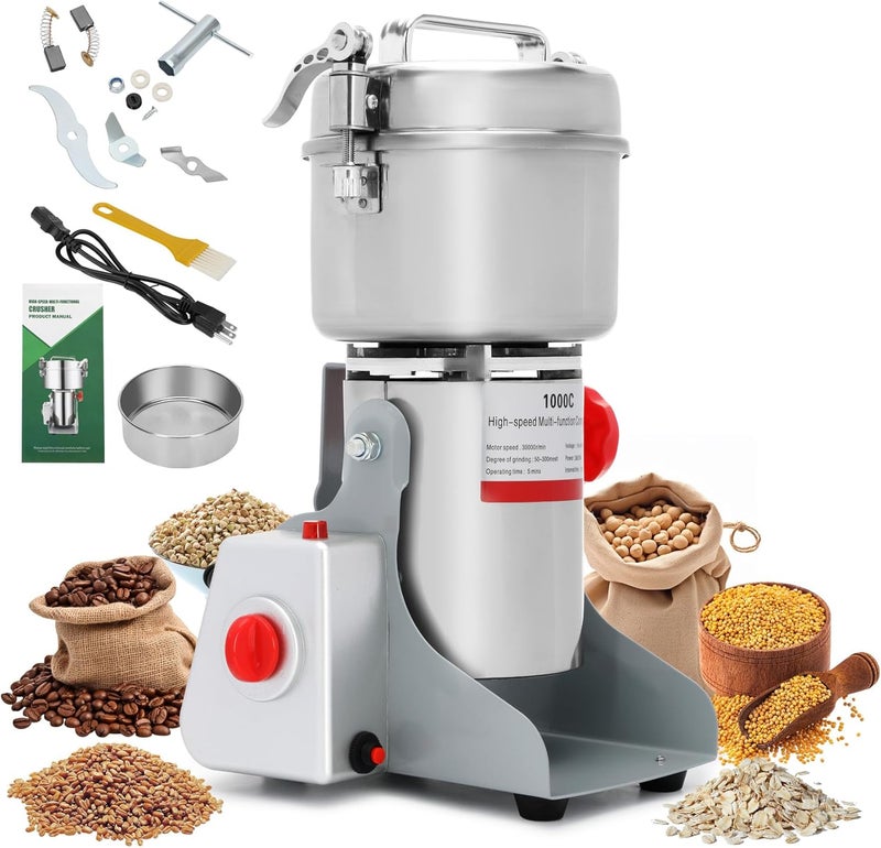 Besilo Electric Grain Mill Grinder 1000g High Speed ，304 Stainless Steel Flour Mill for Wheat, Corn, Coffee, Herbs and Spices Commercial Kitchen Electric Grain Powder Mills - Image 1